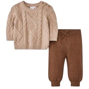 🆕- Grayson Mini- Baby Crew Cable Knit Sweater & Bottom Set- Brown 3-6mo